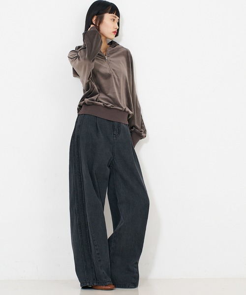 サイドライン タック ワイド ハイウエスト デニムパンツ（デニムパンツ
