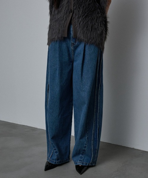 スコットクラブ　ドロストワイドデニムパンツ　サイドライン　ダークネイビー　新品 セール】サイドライン タック ワイド ハイウエスト デニムパンツ