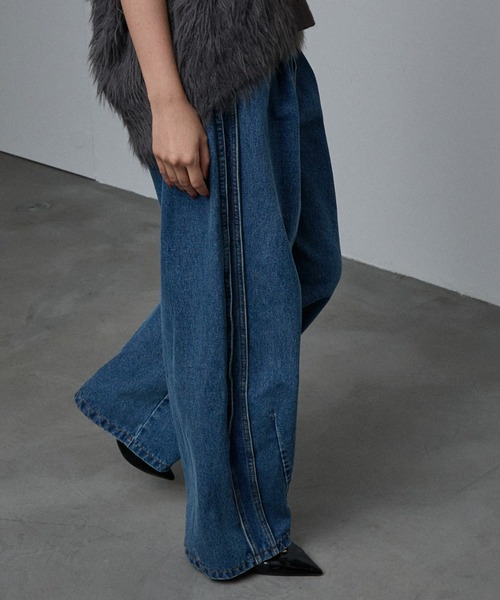 サイドライン タック ワイド ハイウエスト デニムパンツ（デニムパンツ