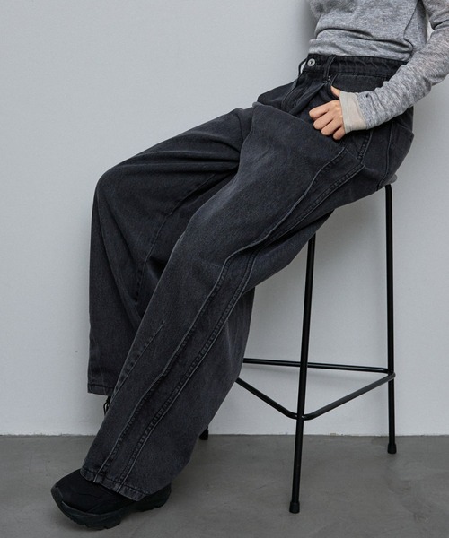 セール】サイドライン タック ワイド ハイウエスト デニムパンツ