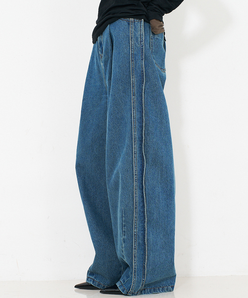セール】サイドライン タック ワイド ハイウエスト デニムパンツ