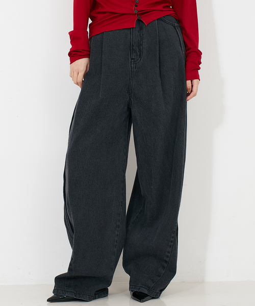 セール】サイドライン タック ワイド ハイウエスト デニムパンツ