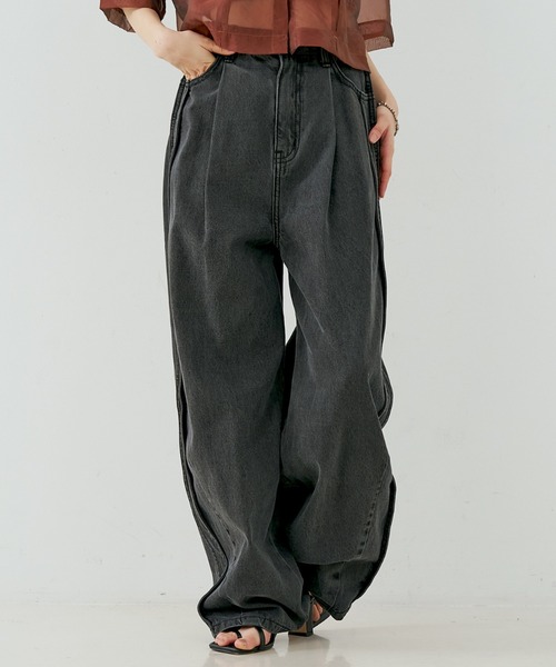 セール】サイドライン タック ワイド ハイウエスト デニムパンツ