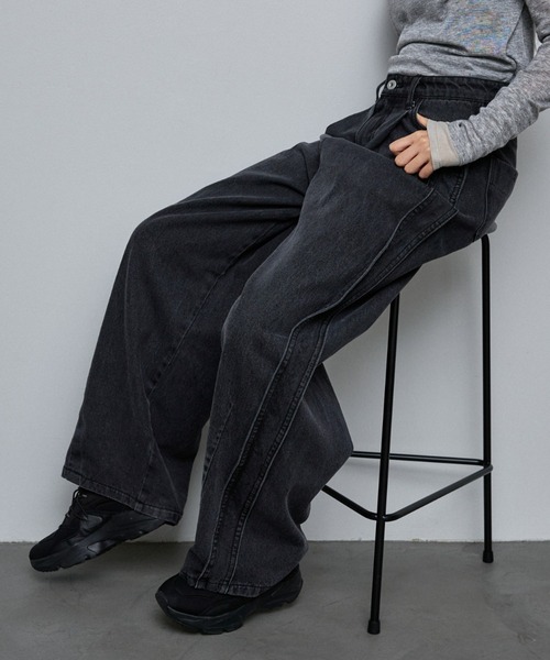 セール】サイドライン タック ワイド ハイウエスト デニムパンツ