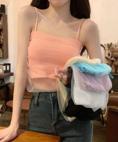 Miniministore（ミニミニストア）の「チュールキャミソールトップス 夏 韓国風（キャミソール・レディース・ホワイト/ベージュ/ブルー/ブラック/ラベンダー/ピンク・FREE）」の14枚目の写真