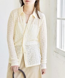 quaranciel:〈手洗い可能〉フラワー レース ストレッチ レギュラーカラー シャツ カットソー