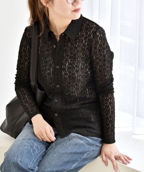 quaranciel(カランシエル)の「quaranciel:〈手洗い可能〉フラワー レース ストレッチ レギュラーカラー シャツ カットソー(シャツ/ブラウス・レディース・ブラック/オフホワイト・ONE SIZE)」の20枚目の写真