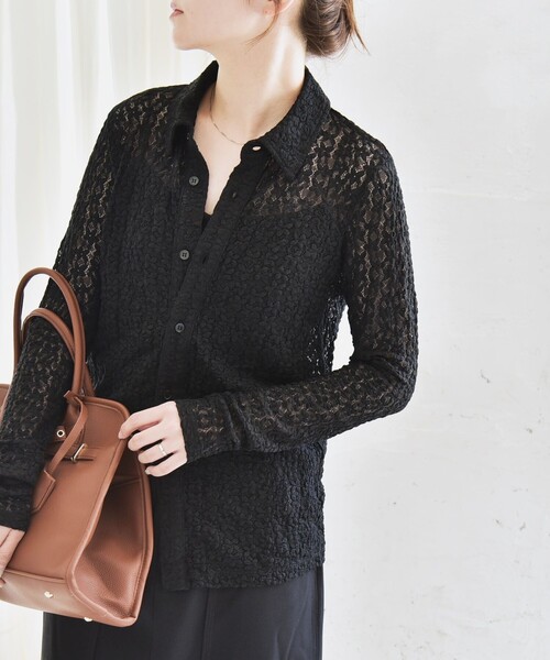 quaranciel(カランシエル)の「quaranciel:〈手洗い可能〉フラワー レース ストレッチ レギュラーカラー シャツ カットソー(シャツ/ブラウス・レディース・ブラック/オフホワイト・ONE SIZE)」の16枚目の写真