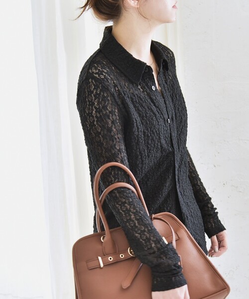 quaranciel(カランシエル)の「quaranciel:〈手洗い可能〉フラワー レース ストレッチ レギュラーカラー シャツ カットソー(シャツ/ブラウス・レディース・ブラック/オフホワイト・ONE SIZE)」の13枚目の写真
