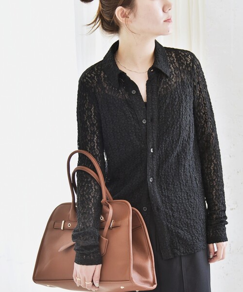 quaranciel(カランシエル)の「quaranciel:〈手洗い可能〉フラワー レース ストレッチ レギュラーカラー シャツ カットソー(シャツ/ブラウス・レディース・ブラック/オフホワイト・ONE SIZE)」の12枚目の写真