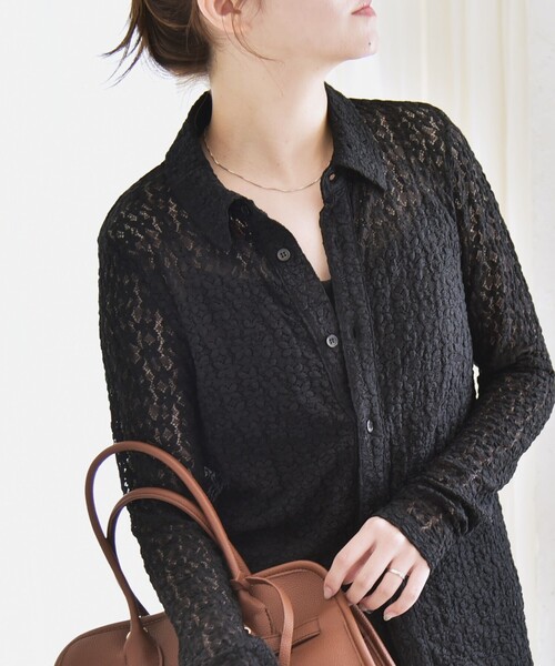 quaranciel(カランシエル)の「quaranciel:〈手洗い可能〉フラワー レース ストレッチ レギュラーカラー シャツ カットソー(シャツ/ブラウス・レディース・ブラック/オフホワイト・ONE SIZE)」の11枚目の写真