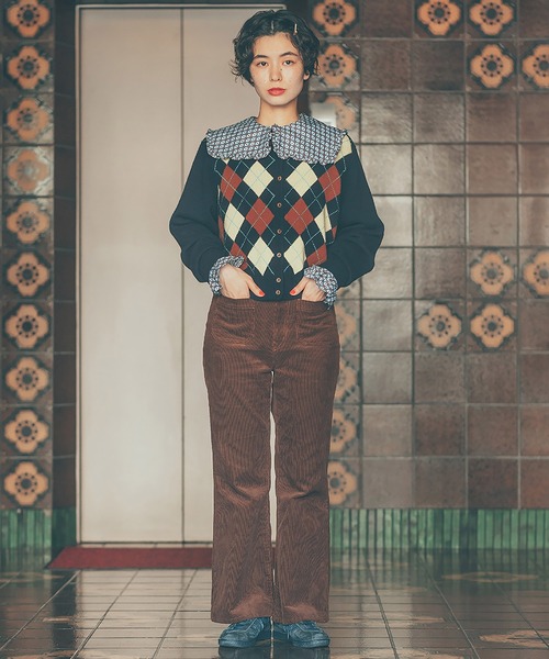 CHILD WOMAN（チャイルドウーマン）の「メリノウール アーガイル クルーネックカーディガン（カーディガン/ボレロ・レディース・ネイビー/レッド・FREE）」の6枚目の写真