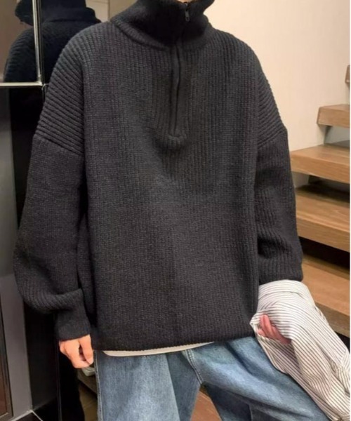 link lot(リンクロット)の「ハーフジップビッグニット(ニット/セーター・メンズ・グレー/ホワイト/ブラック・M/L)」の6枚目の写真