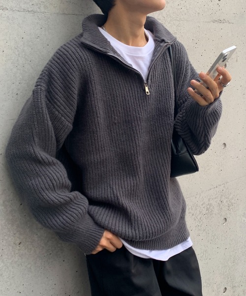 link lot(リンクロット)の「ハーフジップビッグニット(ニット/セーター・メンズ・グレー/ホワイト/ブラック・M/L)」の9枚目の写真