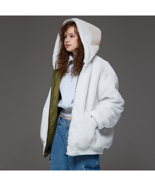 リバーシブルミンクファーフード航空ジャケットカーキ