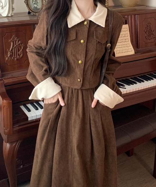 Diosfront(ディオスフロント)の「コーヂュロイ配色シャツセットアップ(セットアップ・レディース・モカ/ブラック・M/L)」の2枚目の写真