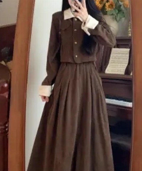 Diosfront(ディオスフロント)の「コーヂュロイ配色シャツセットアップ(セットアップ・レディース・モカ/ブラック・M/L)」の3枚目の写真