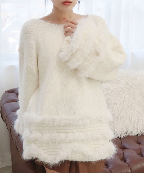 CECIL McBEE(セシルマクビー)の「ファートリミングニット(ニット/セーター・レディース・ブラウン/グレー/アイボリー・MEDIUM)」の3枚目の写真