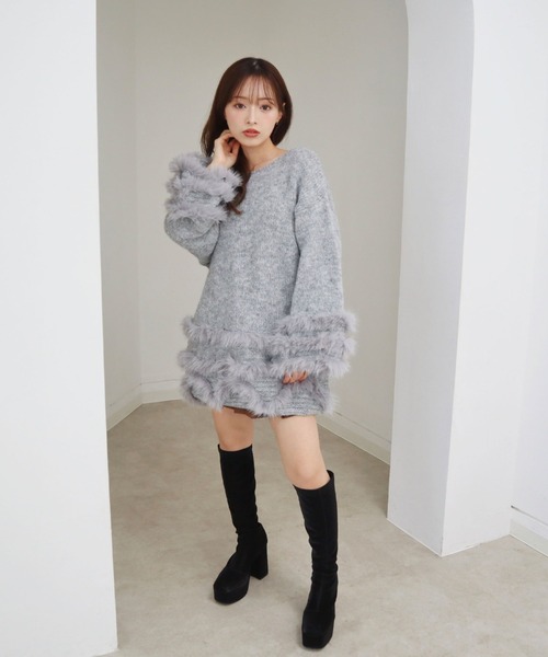 CECIL McBEE(セシルマクビー)の「ファートリミングニット(ニット/セーター・レディース・ブラウン/グレー/アイボリー・MEDIUM)」の6枚目の写真