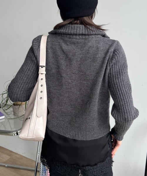 SHAGGIE（シャギー）の「スタンドカラーハイネックジップニット（カーディガン/ボレロ・レディース・ホワイト/グリーン/グレー・FREE）」の13枚目の写真