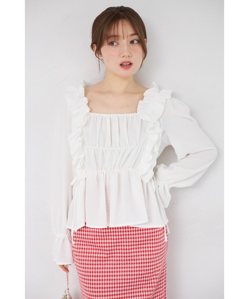 tocco closet(トッコ クローゼット)の「【ZOZO限定】サイドリボンスクエアネックシャーリングフリルブラウス(シャツ/ブラウス・レディース・ブラック/ピンク/オフホワイト・M)」の1枚目の写真