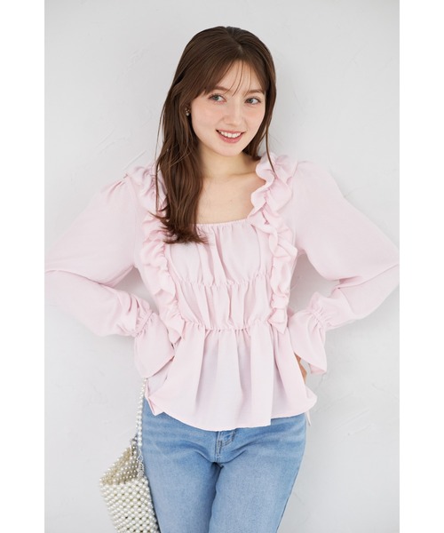tocco closet(トッコ クローゼット)の「【ZOZO限定】サイドリボンスクエアネックシャーリングフリルブラウス(シャツ/ブラウス・レディース・ブラック/ピンク/オフホワイト・M)」の3枚目の写真
