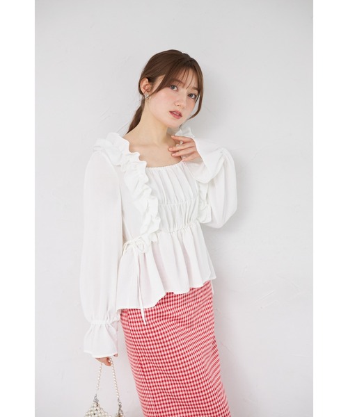 tocco closet(トッコ クローゼット)の「【ZOZO限定】サイドリボンスクエアネックシャーリングフリルブラウス(シャツ/ブラウス・レディース・ブラック/ピンク/オフホワイト・M)」の21枚目の写真