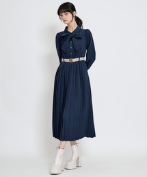 リボンタイプリーツロングシャツワンピース