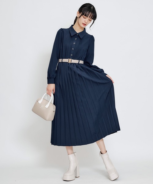 REDYAZEL(レディアゼル)の「リボンタイプリーツロングシャツワンピース(ワンピース・レディース・ミント/ネイビー/ライトグレー・FREE)」の12枚目の写真