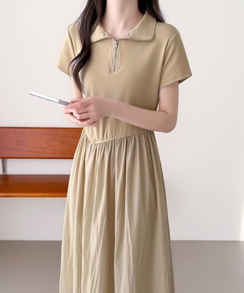ABITOKYO(アビトーキョー)の「ハーフジップ異素材ドッキングワンピース(ワンピース・レディース・チャコールグレー/ブラック/ベージュ・FREE)」の3枚目の写真