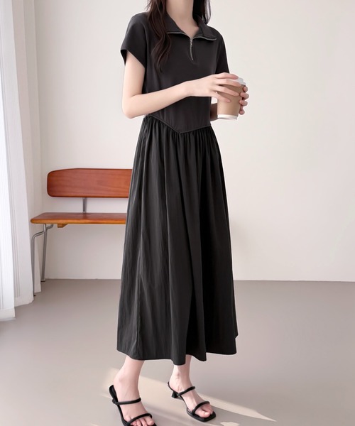 ABITOKYO(アビトーキョー)の「ハーフジップ異素材ドッキングワンピース(ワンピース・レディース・チャコールグレー/ブラック/ベージュ・FREE)」の4枚目の写真
