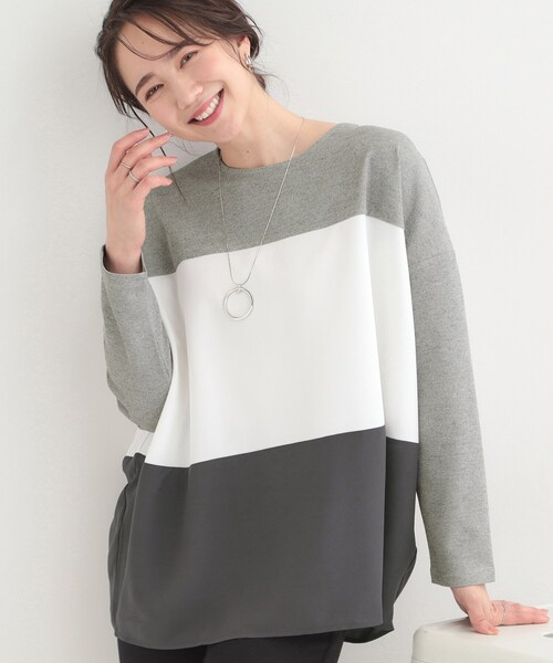 SHOO・LA・RUE(シューラルー)の「3段切り替え配色トップス(Tシャツ/カットソー・レディース・ブルー系9/グレー系4/ピンク系9/チャコール・04/02/03/01)」の1枚目の写真