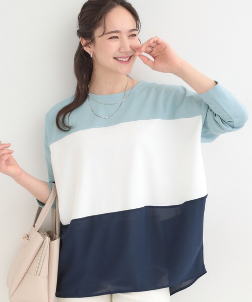 SHOO・LA・RUE(シューラルー)の「3段切り替え配色トップス(Tシャツ/カットソー・レディース・ブルー系9/グレー系4/ピンク系9/チャコール・04/02/03/01)」の3枚目の写真