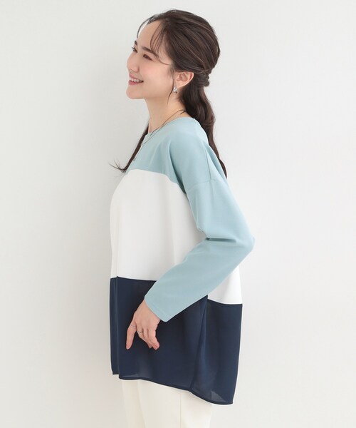 SHOO・LA・RUE（シューラルー）の「【洗濯機可/S-LL/体型カバー】インせず着られる 3段切替 配色トップス（Tシャツ/カットソー・レディース・ブルー系9/グレー系4/ピンク系9/チャコール・04/02/03/01）」の6枚目の写真