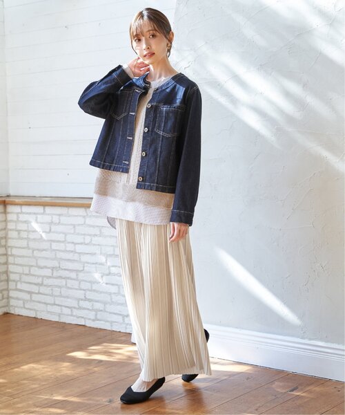 ikka（イッカ）の「ストレッチデニムノーカラーシャウター【親子コーデ】（デニムジャケット・レディース・ネイビー/ブルー/アイボリー・M/L）」の8枚目の写真