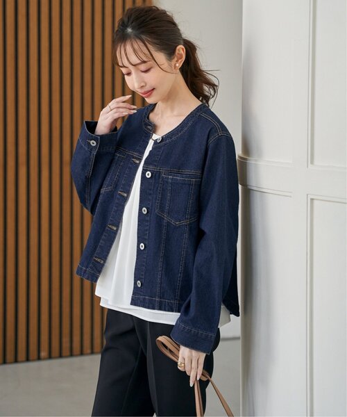 ikka（イッカ）の「ストレッチデニムノーカラーシャウター【親子コーデ】（デニムジャケット・レディース・ネイビー/ブルー/アイボリー・M/L）」の16枚目の写真