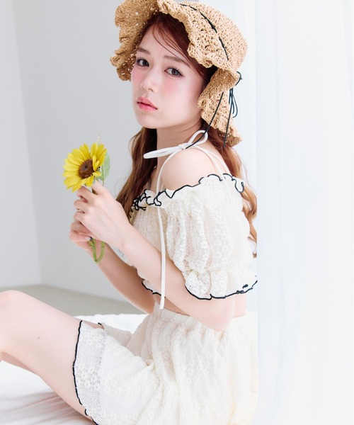 OLIVE des OLIVE（オリーブデオリーブ）の「【体型カバー◎】レースシャーリングswimwear（水着・レディース・ブラック/アイボリー・FREE）」の6枚目の写真