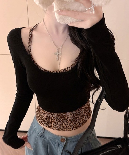 Vipoa(ヴィポア)の「Leopard print camisole two-piece tops(Tシャツ/カットソー・レディース・ホワイト/ネイビー/グレー/ブラック・FREE)」の6枚目の写真