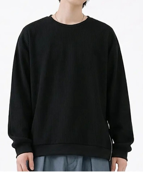 revertical(リバーティカル)の「リブ編み オーバーサイズ クルーネック ロングスリーブTシャツ サイドジップ(Tシャツ/カットソー・メンズ・ブルー/ブラック/ネイビー/グレー・LARGE/SMALL/MEDIUM)」の2枚目の写真