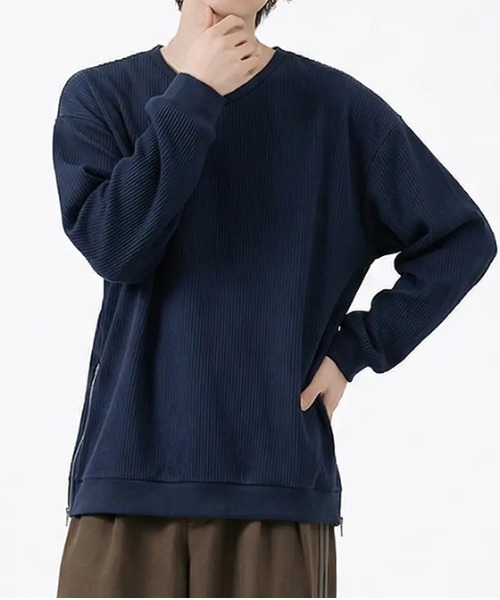 revertical(リバーティカル)の「リブ編み オーバーサイズ クルーネック ロングスリーブTシャツ サイドジップ(Tシャツ/カットソー・メンズ・ブルー/ブラック/ネイビー/グレー・LARGE/SMALL/MEDIUM)」の8枚目の写真