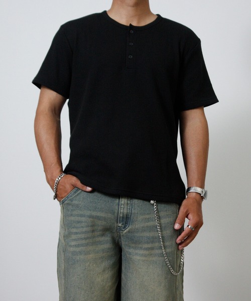 NYLAUS(ナイラス)の「【Nylaus】ヘンリーネック ワッフル 半袖Tシャツ 無地 ストレッチ(Tシャツ/カットソー・メンズ・杢グレー/ホワイト/ブラック・L/LL/M)」の4枚目の写真