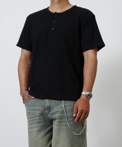 NYLAUS(ナイラス)の「【Nylaus】ヘンリーネック ワッフル 半袖Tシャツ 無地 ストレッチ(Tシャツ/カットソー・メンズ・杢グレー/ホワイト/ブラック・L/LL/M)」の7枚目の写真