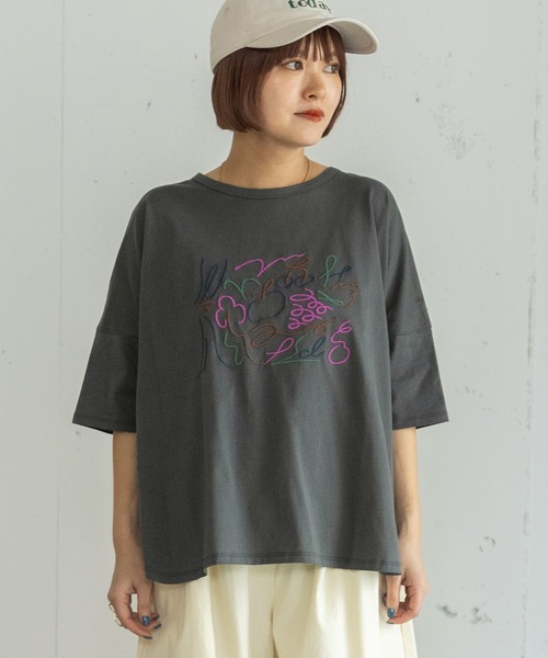 POU DOU DOU(プードゥドゥ)の「ダンシングフルーツ刺繍ゆるTee(Tシャツ/カットソー・レディース・オフホワイト/ダークグレー・3)」の18枚目の写真