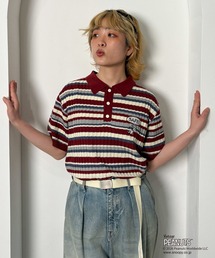 PEANUTSコラボ マルチボーダーポロ衿ニットトップス