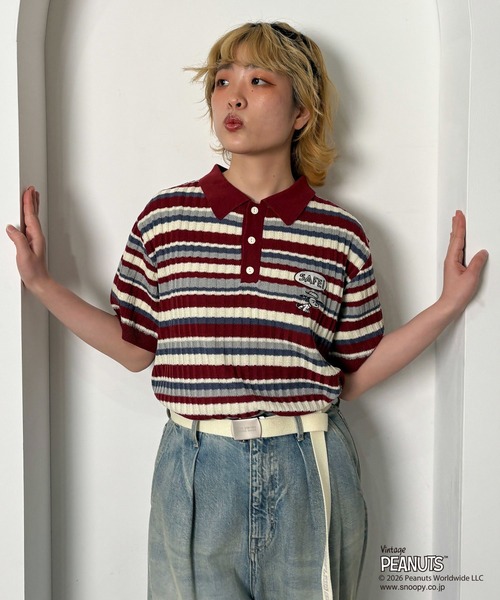PEANUTSコラボ マルチボーダーポロ衿ニットトップス（Tシャツ
