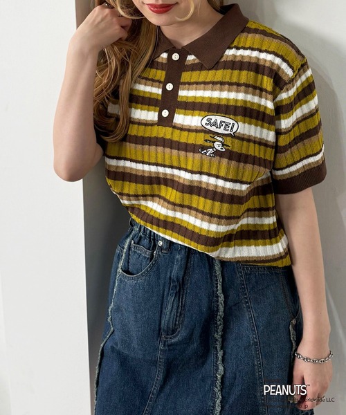 PEANUTS(ピーナッツ)の「PEANUTSコラボ マルチボーダーポロ衿ニットトップス(Tシャツ/カットソー・レディース・ブラウン/レッド/ブルー・FREE)」の9枚目の写真