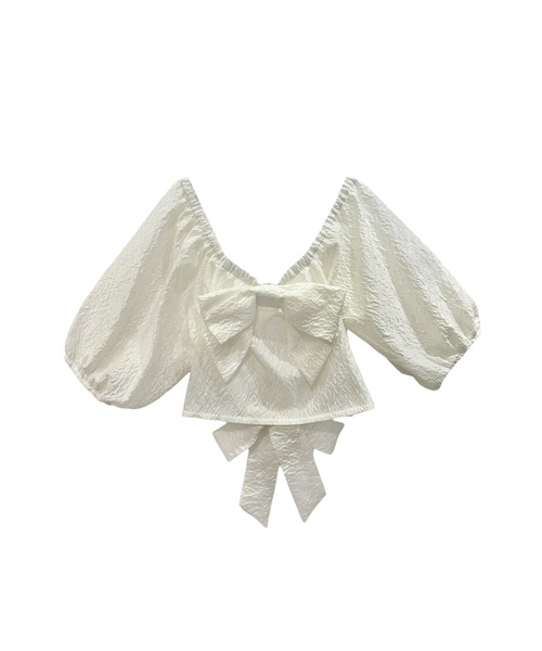 HONEY MI HONEY(ハニーミーハニー)の「jacquard ribbon puff blouse(シャツ/ブラウス・レディース・ピンク/オフホワイト/ブラック・FREE)」の2枚目の写真
