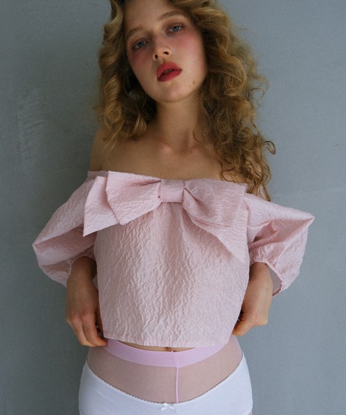 HONEY MI HONEY(ハニーミーハニー)の「jacquard ribbon puff blouse(シャツ/ブラウス・レディース・ピンク/オフホワイト/ブラック・FREE)」の4枚目の写真