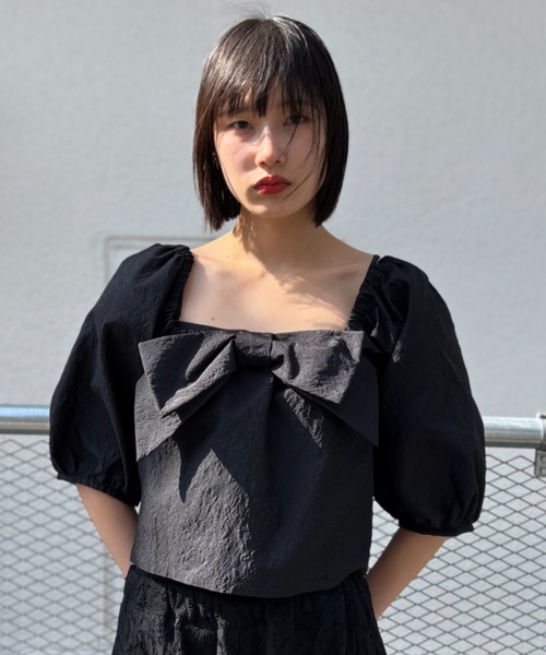 HONEY MI HONEY(ハニーミーハニー)の「jacquard ribbon puff blouse(シャツ/ブラウス・レディース・ピンク/オフホワイト/ブラック・FREE)」の12枚目の写真