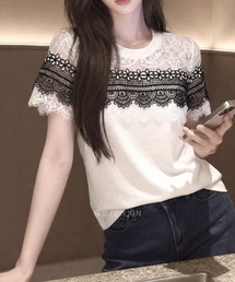 LUCPY（ラクピー）の「レース切替デザインTシャツ（Tシャツ/カットソー）」